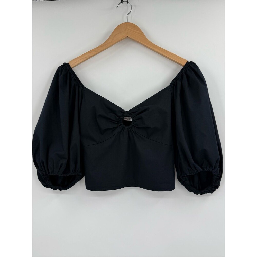Abercrombie & Fitch Puff Sleeve Poplin O-Ring Cropped Blouse | Black | Small